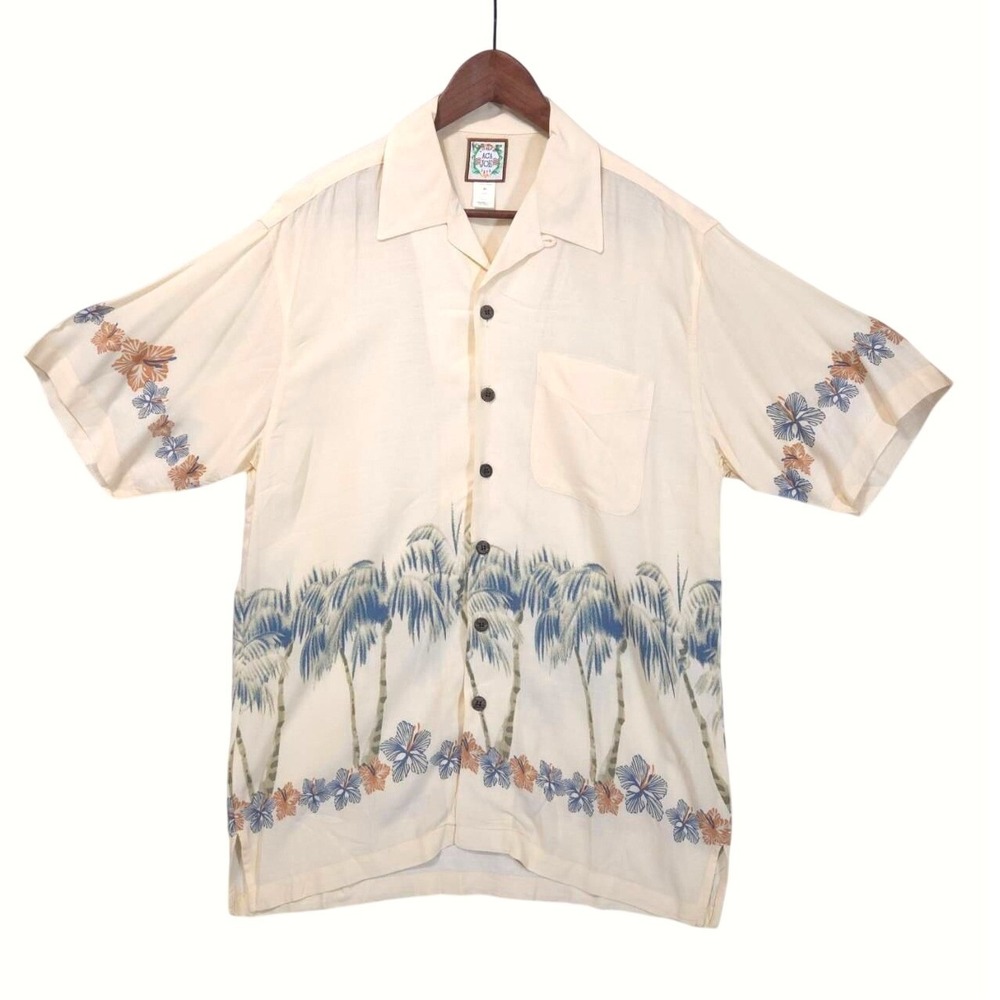 Vtg Aca Joe Rayon Palm Tree Hawaiian Camp Shirt Mens M Cream Tropical 90s Retro